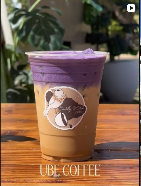 A purple iced ube coffee in an Early Bird logo cup.